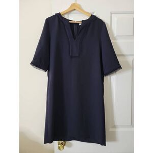 Gerard Darel - Navy Notch Neck Shift Dress w/ Fringe Trim 40